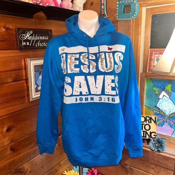 Turquoise JESUS SAVES Hooded Sweatshirt size S Boutique front pocket NEW - Picture 4 of 13